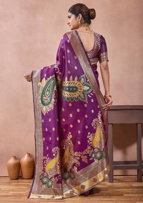 Purple banarasi kota cotton silk saree with zari work, paisley floral motifs, woven border and blouse 3