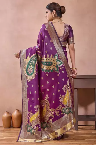 Purple banarasi kota cotton silk saree with zari work, paisley floral motifs, woven border and blouse