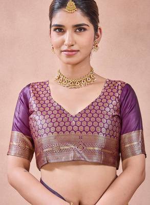 Purple banarasi kota cotton silk saree with zari work, paisley floral motifs, woven border and blouse 4