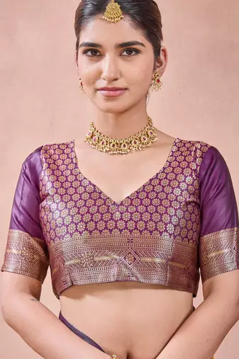 Purple banarasi kota cotton silk saree with zari work, paisley floral motifs, woven border and blouse