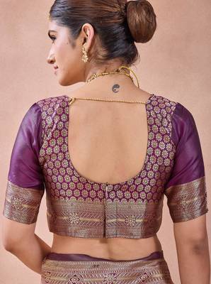 Purple banarasi kota cotton silk saree with zari work, paisley floral motifs, woven border and blouse 5