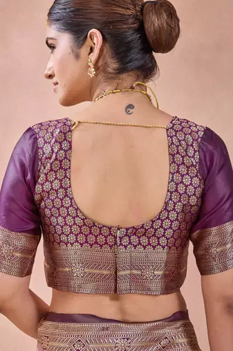 Purple banarasi kota cotton silk saree with zari work, paisley floral motifs, woven border and blouse