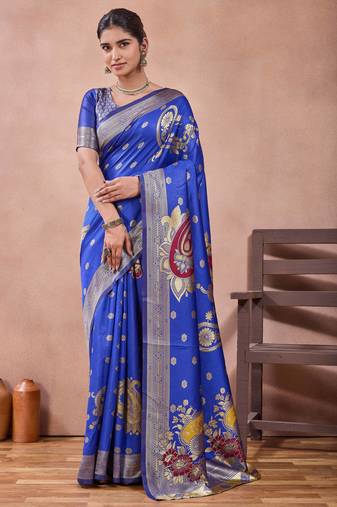 Royal blue banarasi kota cotton silk saree with zari work, paisley floral motifs, woven border and blouse