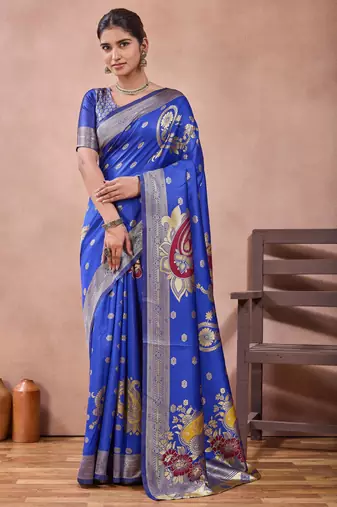 Royal blue banarasi kota cotton silk saree with zari work, paisley floral motifs, woven border and blouse