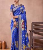 Royal blue banarasi kota cotton silk saree with zari work, paisley floral motifs, woven border and blouse