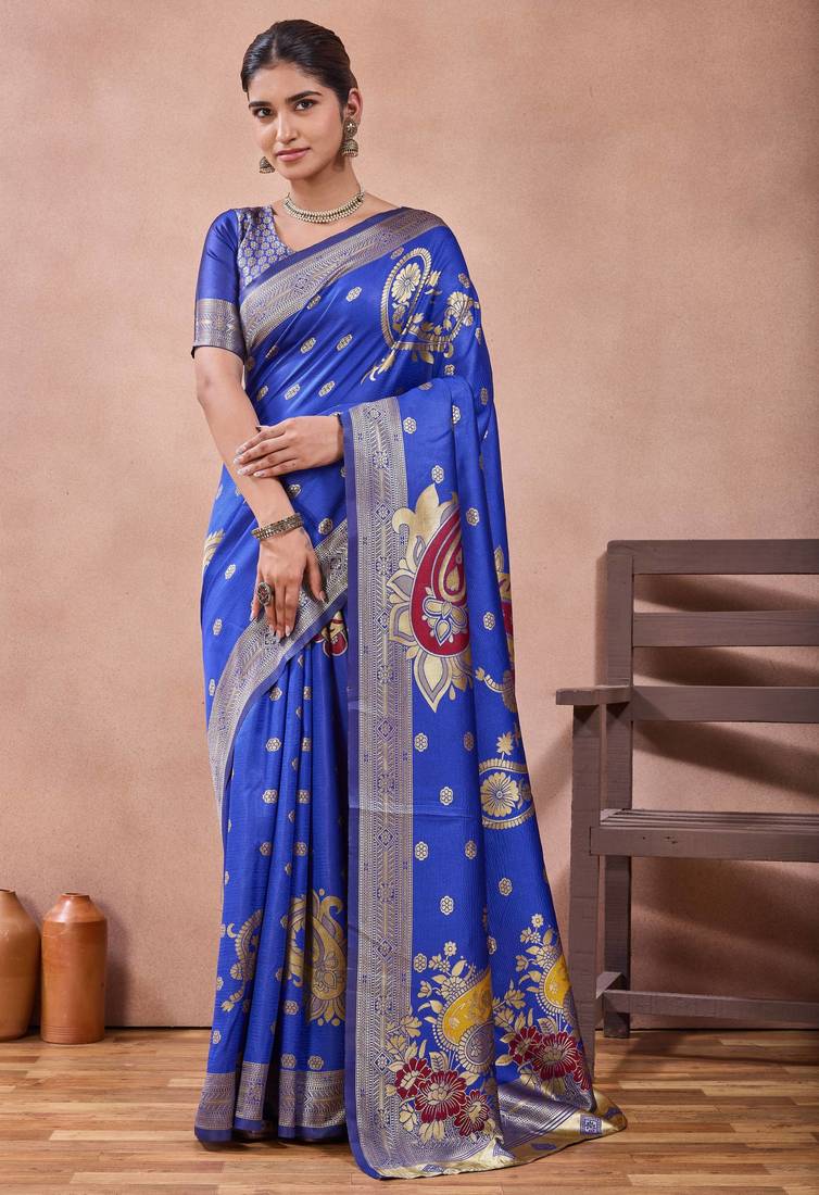 Royal blue banarasi kota cotton silk saree with zari work, paisley floral motifs, woven border and blouse