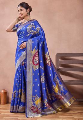 Royal blue banarasi kota cotton silk saree with zari work, paisley floral motifs, woven border and blouse 2