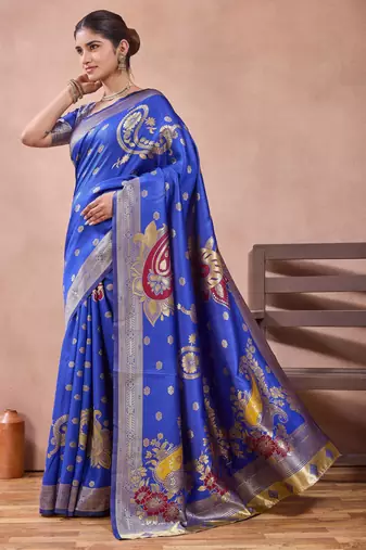 Royal blue banarasi kota cotton silk saree with zari work, paisley floral motifs, woven border and blouse