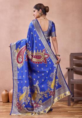 Royal blue banarasi kota cotton silk saree with zari work, paisley floral motifs, woven border and blouse 3