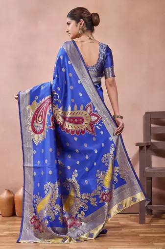Royal blue banarasi kota cotton silk saree with zari work, paisley floral motifs, woven border and blouse