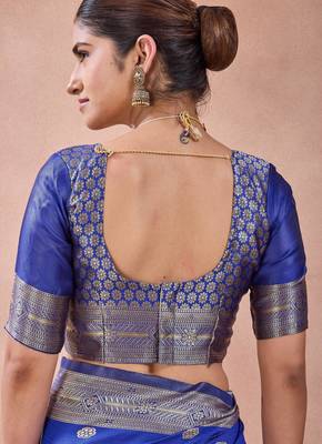 Royal blue banarasi kota cotton silk saree with zari work, paisley floral motifs, woven border and blouse 4