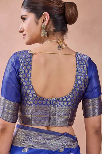 Royal blue banarasi kota cotton silk saree with zari work, paisley floral motifs, woven border and blouse