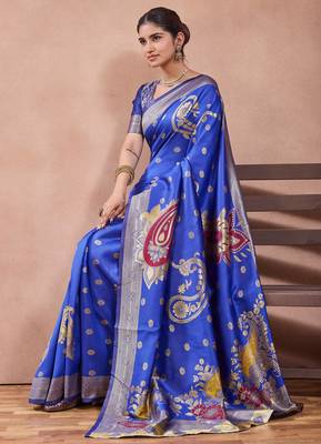 Royal blue banarasi kota cotton silk saree with zari work, paisley floral motifs, woven border and blouse 5