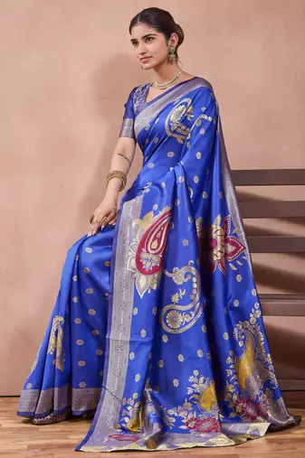 Royal blue banarasi kota cotton silk saree with zari work, paisley floral motifs, woven border and blouse