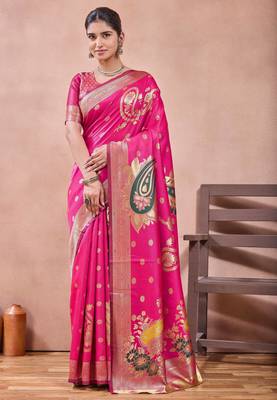 Pink banarasi kota cotton silk saree with zari work, paisley floral motifs, woven border and blouse 1