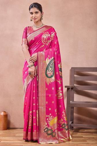 Pink banarasi kota cotton silk saree with zari work, paisley floral motifs, woven border and blouse