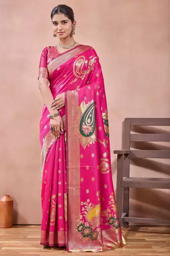 Pink banarasi kota cotton silk saree with zari work, paisley floral motifs, woven border and blouse