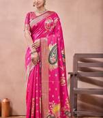 Pink banarasi kota cotton silk saree with zari work, paisley floral motifs, woven border and blouse