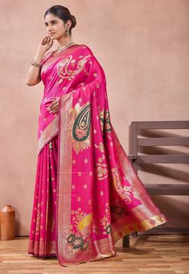 Pink banarasi kota cotton silk saree with zari work, paisley floral motifs, woven border and blouse 2
