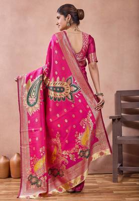 Pink banarasi kota cotton silk saree with zari work, paisley floral motifs, woven border and blouse 3
