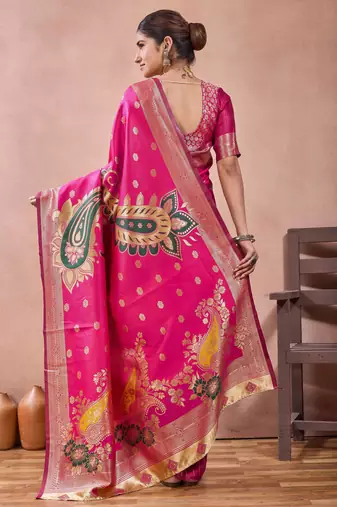 Pink banarasi kota cotton silk saree with zari work, paisley floral motifs, woven border and blouse
