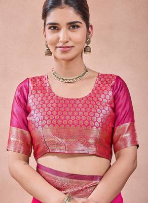 Pink banarasi kota cotton silk saree with zari work, paisley floral motifs, woven border and blouse 4