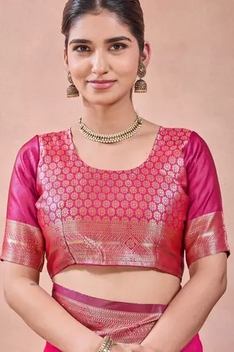 Pink banarasi kota cotton silk saree with zari work, paisley floral motifs, woven border and blouse