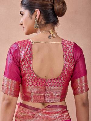 Pink banarasi kota cotton silk saree with zari work, paisley floral motifs, woven border and blouse 5