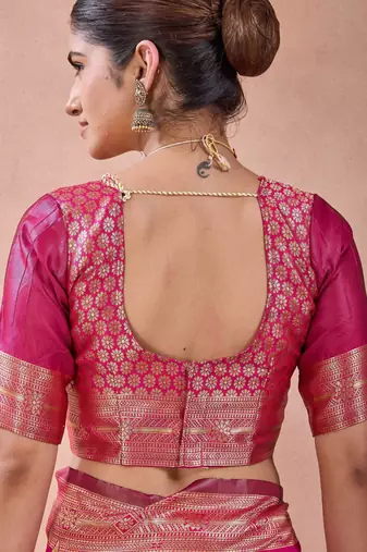 Pink banarasi kota cotton silk saree with zari work, paisley floral motifs, woven border and blouse