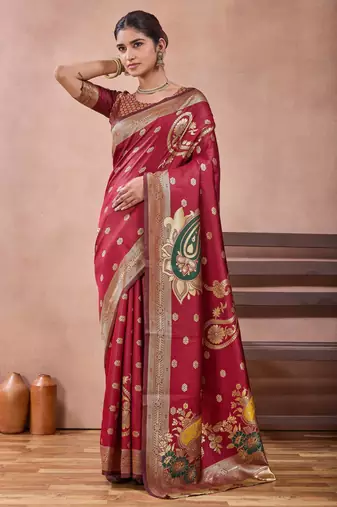 Maroon banarasi kota cotton silk saree with zari work, paisley floral motifs, woven border and blouse