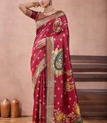 Maroon banarasi kota cotton silk saree with zari work, paisley floral motifs, woven border and blouse