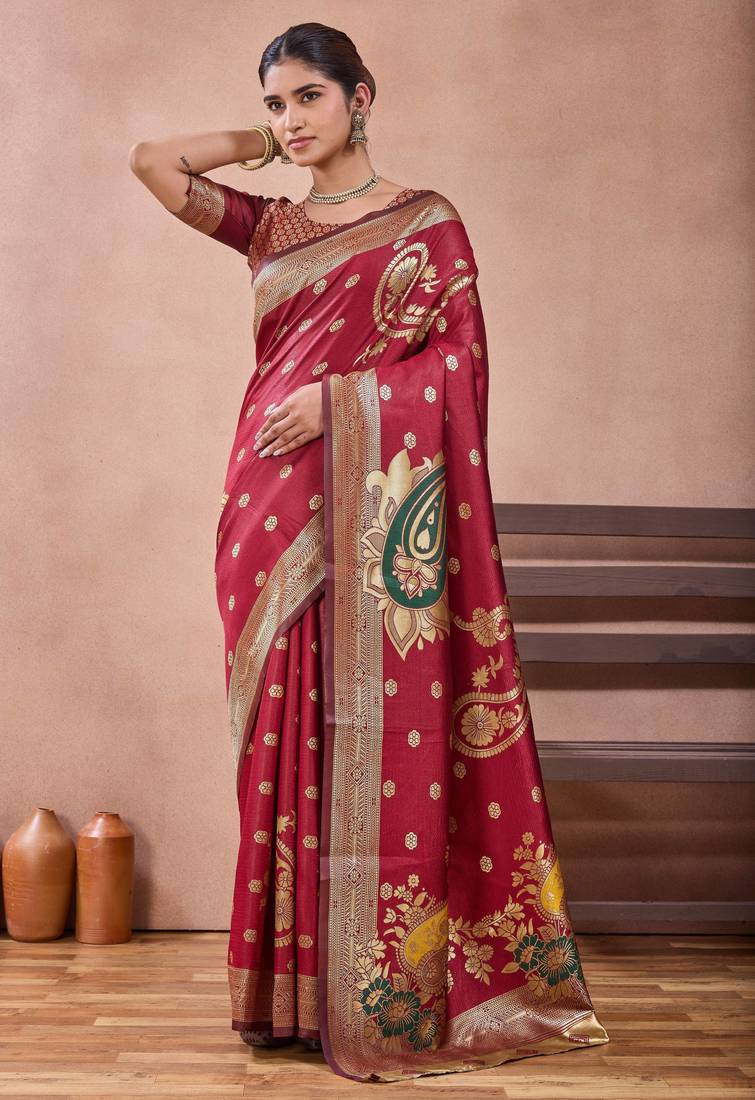 Maroon banarasi kota cotton silk saree with zari work, paisley floral motifs, woven border and blouse