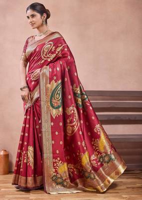 Maroon banarasi kota cotton silk saree with zari work, paisley floral motifs, woven border and blouse 2