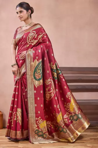Maroon banarasi kota cotton silk saree with zari work, paisley floral motifs, woven border and blouse