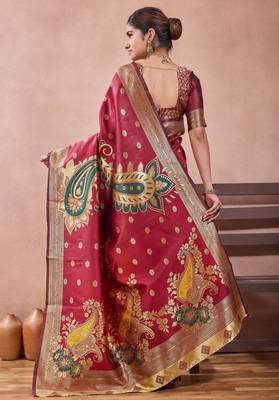 Maroon banarasi kota cotton silk saree with zari work, paisley floral motifs, woven border and blouse 3