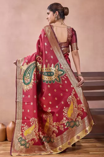 Maroon banarasi kota cotton silk saree with zari work, paisley floral motifs, woven border and blouse