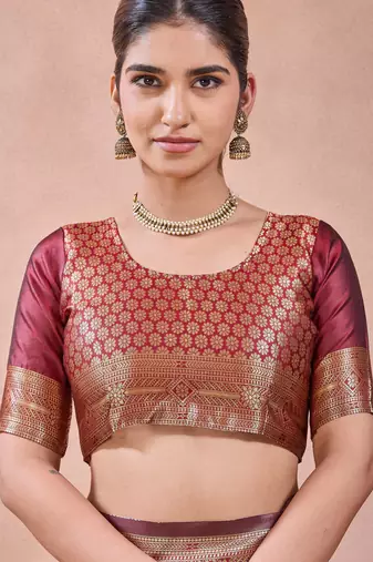 Maroon banarasi kota cotton silk saree with zari work, paisley floral motifs, woven border and blouse