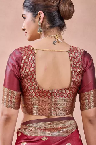 Maroon banarasi kota cotton silk saree with zari work, paisley floral motifs, woven border and blouse