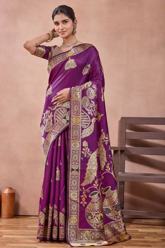 Purple banarasi kota cotton silk saree with zari work, peacock floral motifs, decorative pallu and blouse