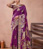 Purple banarasi kota cotton silk saree with zari work, peacock floral motifs, decorative pallu and blouse