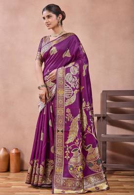 Purple banarasi kota cotton silk saree with zari work, peacock floral motifs, decorative pallu and blouse 2