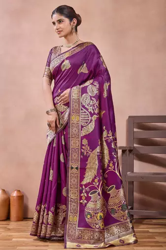 Purple banarasi kota cotton silk saree with zari work, peacock floral motifs, decorative pallu and blouse