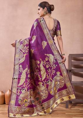 Purple banarasi kota cotton silk saree with zari work, peacock floral motifs, decorative pallu and blouse 3