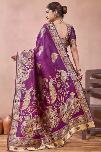 Purple banarasi kota cotton silk saree with zari work, peacock floral motifs, decorative pallu and blouse