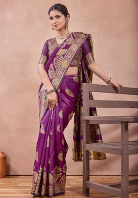 Purple banarasi kota cotton silk saree with zari work, peacock floral motifs, decorative pallu and blouse 4