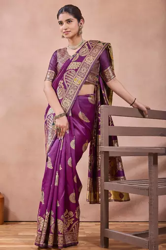 Purple banarasi kota cotton silk saree with zari work, peacock floral motifs, decorative pallu and blouse