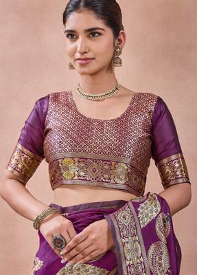Purple banarasi kota cotton silk saree with zari work, peacock floral motifs, decorative pallu and blouse 5