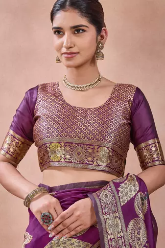 Purple banarasi kota cotton silk saree with zari work, peacock floral motifs, decorative pallu and blouse