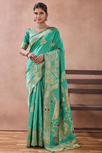 Aqua banarasi kota cotton silk saree with zari work, peacock floral motifs, decorative pallu and blouse