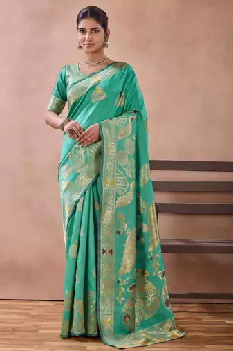 Aqua banarasi kota cotton silk saree with zari work, peacock floral motifs, decorative pallu and blouse